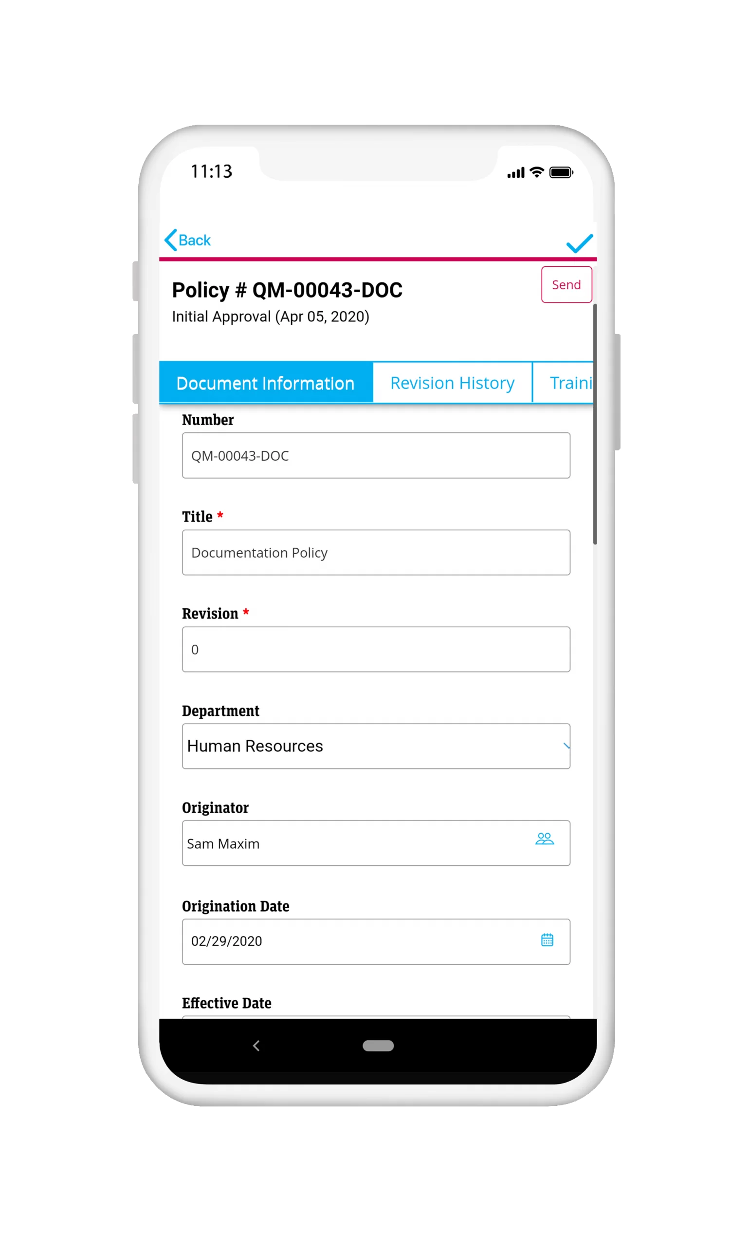 ETQ Reliance software for Document control on mobile phone