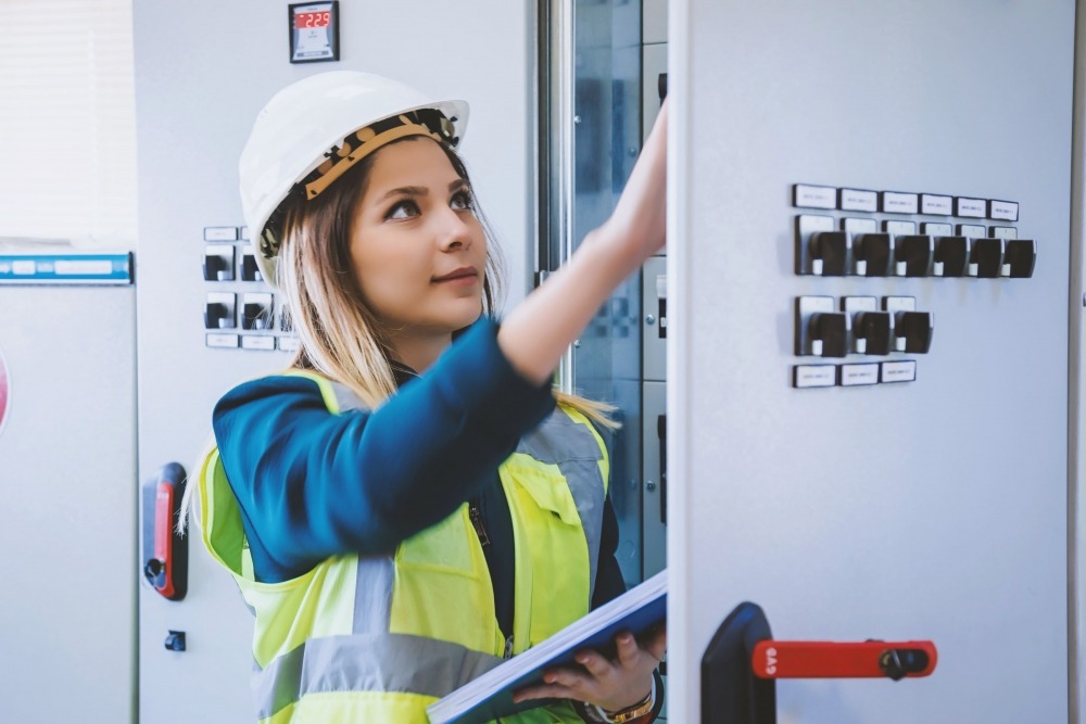 Woman in hardhat addressing an issue n cabinet