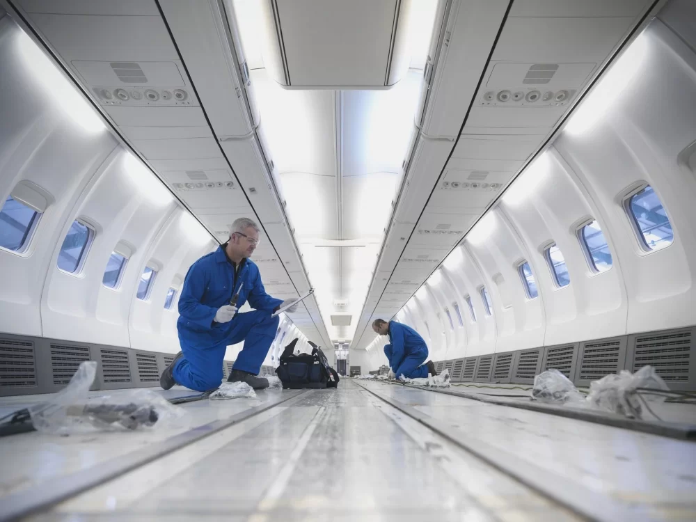 Two aviation assemblers building the interior of an airplane fuselage